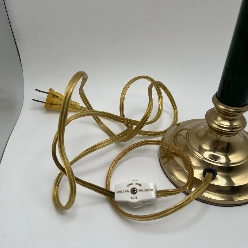 Vintage MCM Brass & Green Faux Marble Candlestick Portable Lamp Taiwan 70s